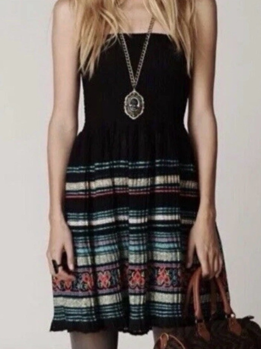 Free People Embellished Pleated Show Me Your Dress Skirt Black L Boho Festival